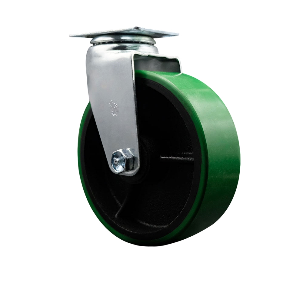 Swivel Top Plate Caster – Green 6 Inch by 2 Inch Polyurethane on Cast Iron Wheel – Roller Bearing – 450 lbs. Capacity Per Caster – Service Caster Brand — photo 1