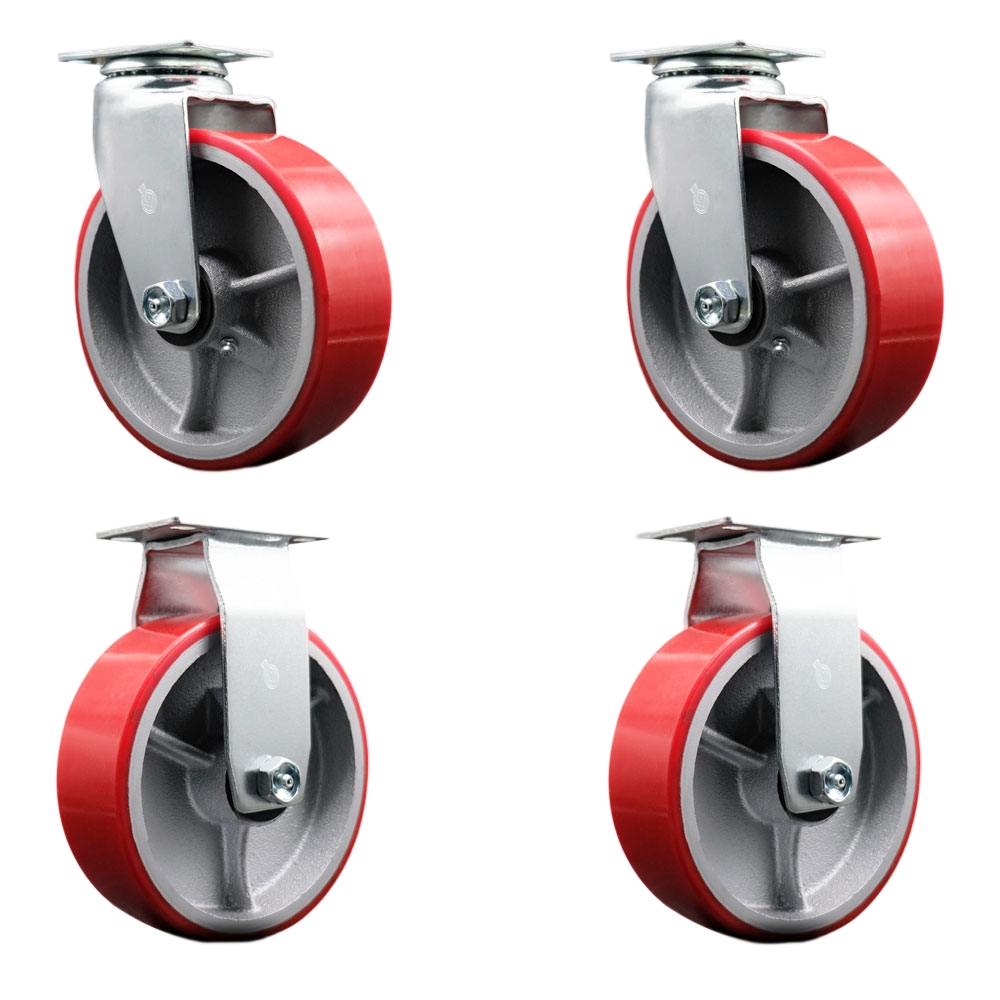 Swivel and Rigid Top Plate Caster Set – Red 6 Inch by 2 Inch Polyurethane on Cast Iron Wheel – Ball Bearing – 1,800 lbs. Total Capacity–Includes 2 Swivel and 2 Rigid Casters – Service Caster Brand — photo 1
