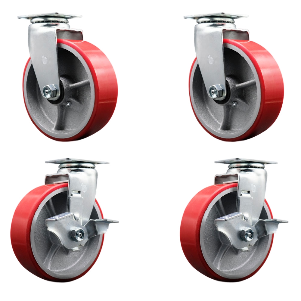 Swivel Top Plate Caster Set – Red 6 Inch by 2 Inch Poly on Cast Iron Wheel – Roller Bearing – 1,800 lbs. Total Capacity –Includes 2 Locking Swivel Casters and 2 Swivel Casters – Service Caster Brand — photo 1