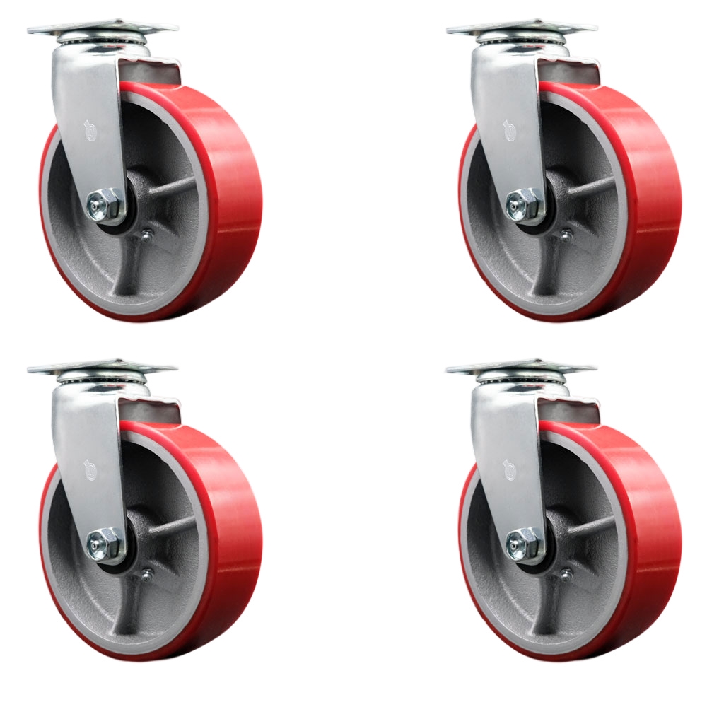 Swivel Top Plate Caster Set – Red 6 Inch by 2 Inch Polyurethane on Cast Iron Wheel – Roller Bearing – 1,800 lbs. Total Capacity – Includes 4 Swivel Casters – Service Caster Brand — photo 1