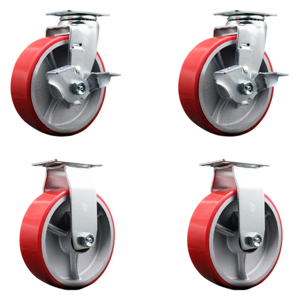 Tool Box Caster Wheel Set - 6 Inch Non-Marking, Easy Rolling Red Polyurethane on Cast Iron Wheels - Industrial Grade - 2 Swivel with Top Lock Brakes - Service Caster Brand — photo 1