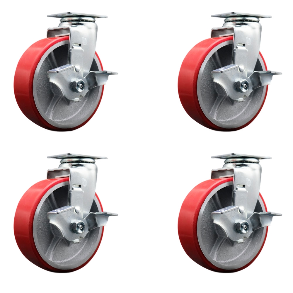 Swivel Top Plate Caster Set – Red 6 Inch by 2 Inch Polyurethane on Cast Iron Wheel – Roller Bearing – 1,800 lbs. Total Capacity–Includes 4 Swivel Casters with Top Locking Brakes–Service Caster Brand — photo 1