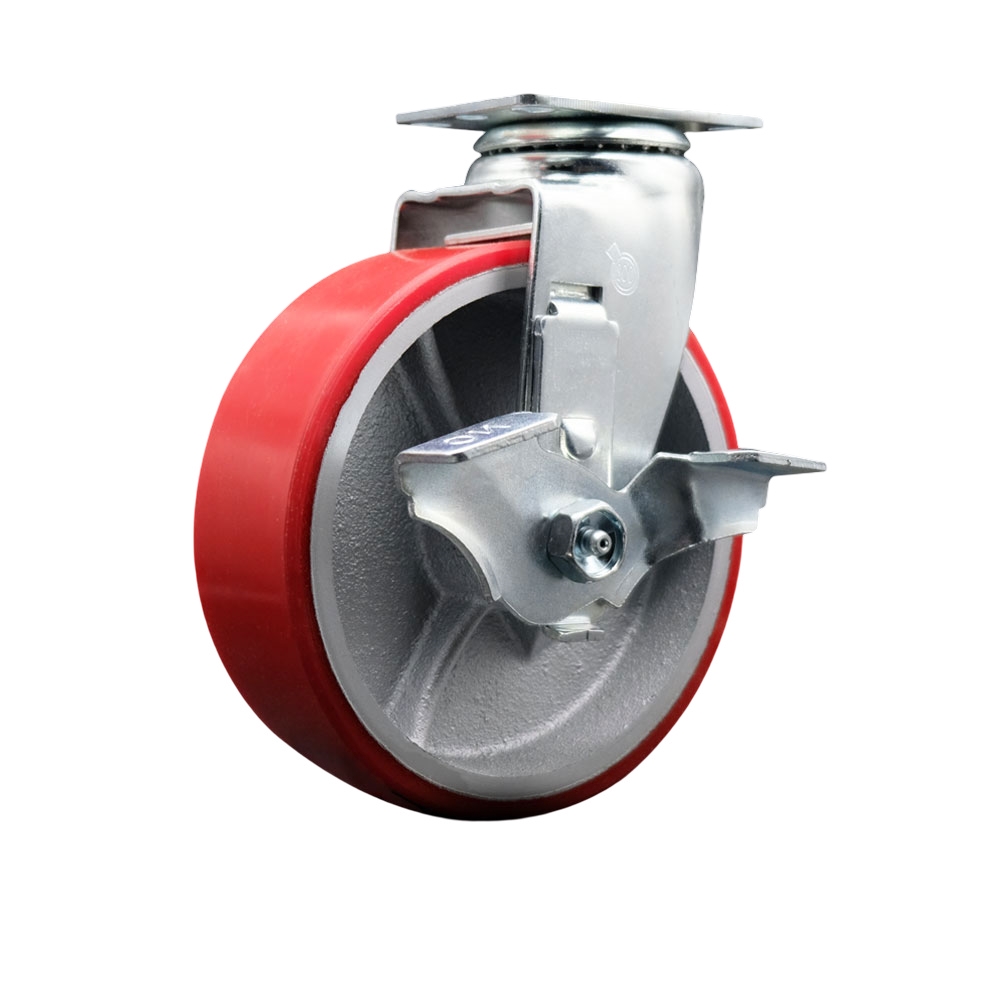 Swivel Top Plate Caster – Red 6 Inch by 2 Inch Polyurethane on Cast Iron Wheel – Ball Bearing – 450 lbs. Capacity Per Caster – Includes Top Locking Brake - Service Caster Brand — photo 1