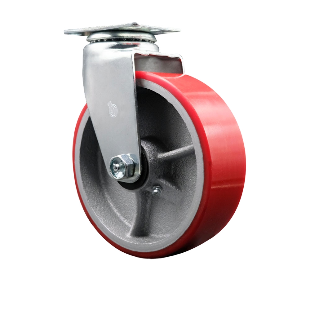 Swivel Top Plate Caster – Red 6 Inch by 2 Inch Polyurethane on Cast Iron Wheel – Ball Bearing – 450 lbs. Capacity Per Caster – Service Caster Brand — photo 1
