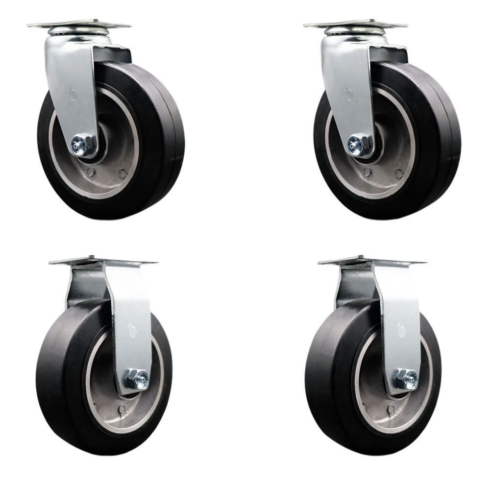 Swivel and Rigid Top Plate Caster Set – Black 6 Inch by 2 Inch Rubber on Aluminum Wheel – Ball Bearing – 1,800 lbs. Total Capacity–Includes 2 Swivel and 2 Rigid Casters – Service Caster Brand — photo 1