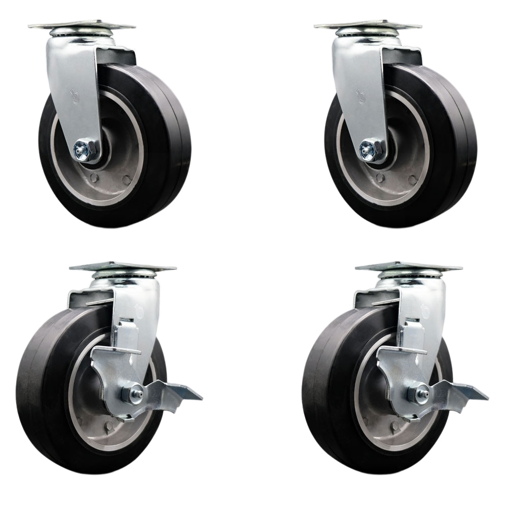 Swivel Top Plate Caster Set – Black 6 Inch by 2 Inch Rubber on Aluminum Wheel – Roller Bearing – 1,800 lbs. Total Capacity–Includes 2 Locking Swivel Casters and 2 Swivel Casters – Service Caster Brand — photo 1