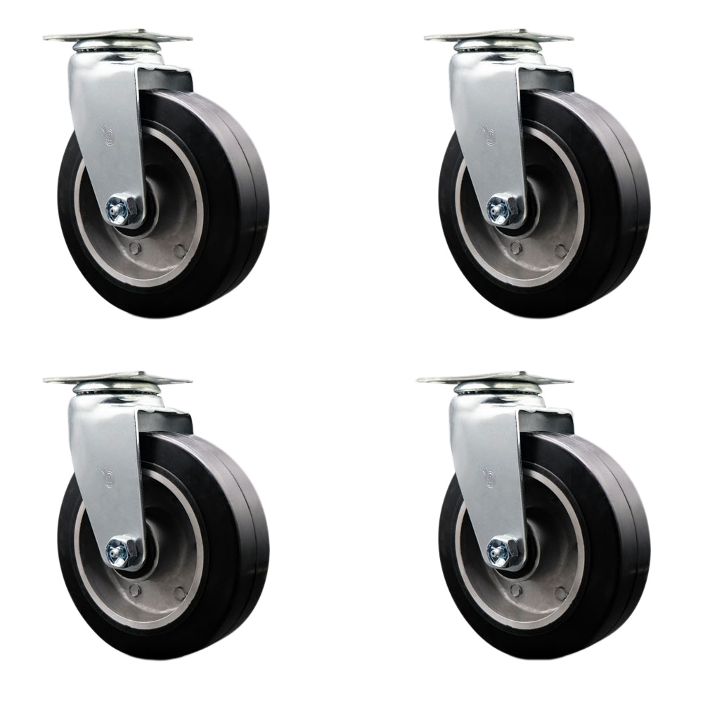 Swivel Top Plate Caster Set – Black 6 Inch by 2 Inch Rubber on Aluminum Wheel – Roller Bearing – 1,800 lbs. Total Capacity – Includes 4 Swivel Casters – Service Caster Brand — photo 1