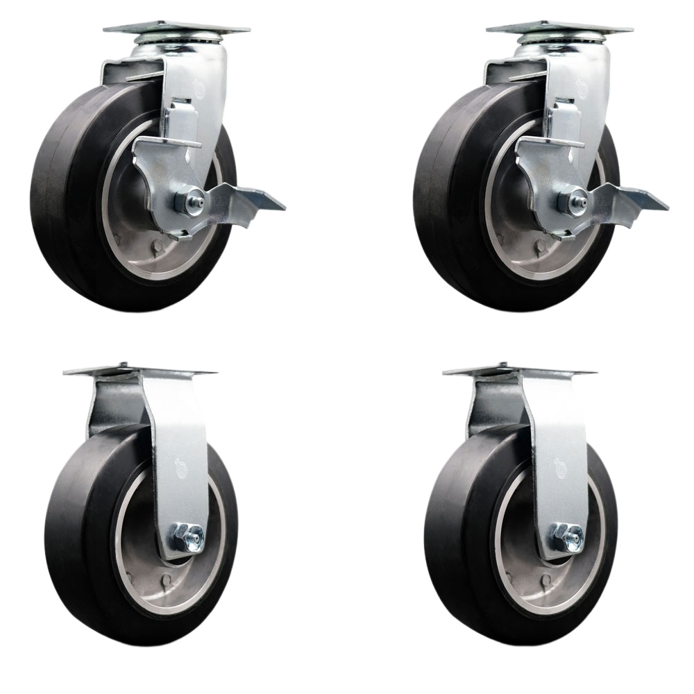 Swivel and Rigid Plate Caster Set – Black 6 Inch by 2 Inch Rubber on Aluminum Wheel – Roller Bearing – 1,800 lbs. Total Capacity – Includes 2 Locking Swivel and 2 Rigid Casters – Service Caster Brand — photo 1