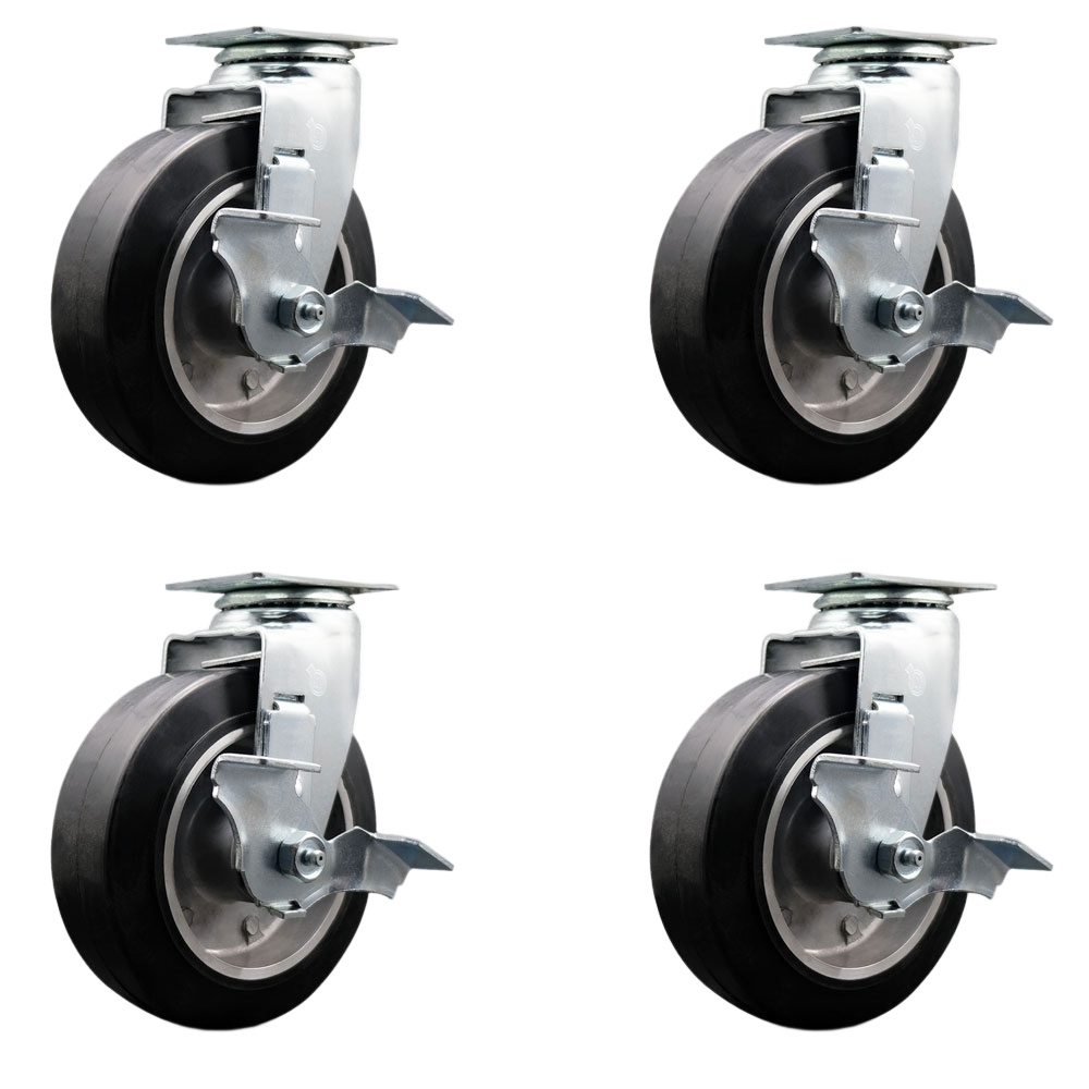 Swivel Top Plate Caster Set – Black 6 Inch by 2 Inch Rubber on Aluminum Wheel – Roller Bearing – 1,800 lbs. Total Capacity–Includes 4 Swivel Casters with Top Locking Brakes–Service Caster Brand — photo 1