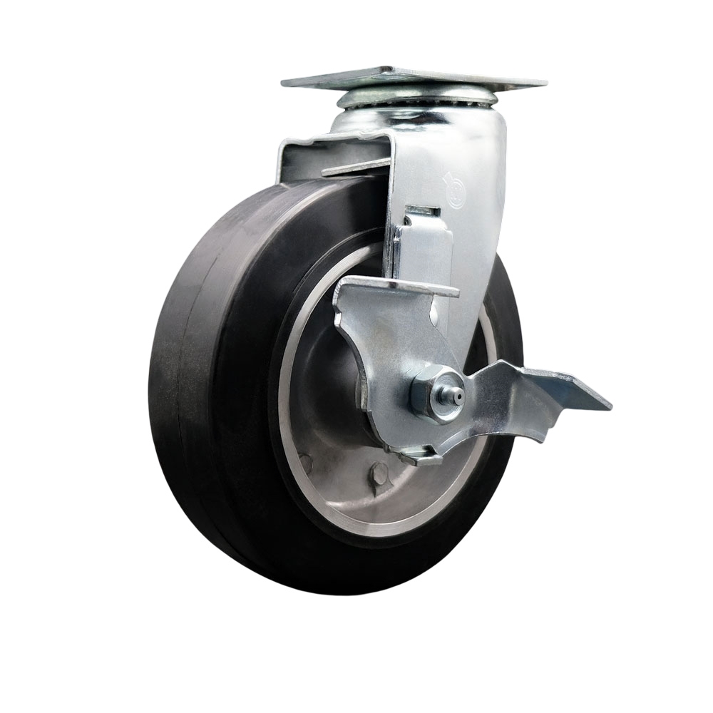Swivel Top Plate Caster – Black 6 Inch by 2 Inch Rubber on Aluminum Wheel – Ball Bearing – 450 lbs. Capacity Per Caster – Includes Top Locking Brake - Service Caster Brand — photo 1