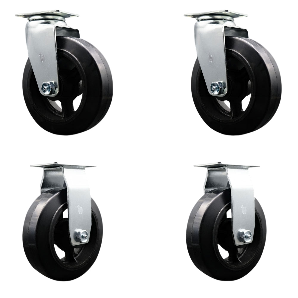 Swivel and Rigid Top Plate Caster Set – Black 6 Inch by 2 Inch Rubber on Cast Iron Wheel – Ball Bearing – 1,800 lbs. Total Capacity–Includes 2 Swivel and 2 Rigid Casters – Service Caster Brand — photo 1