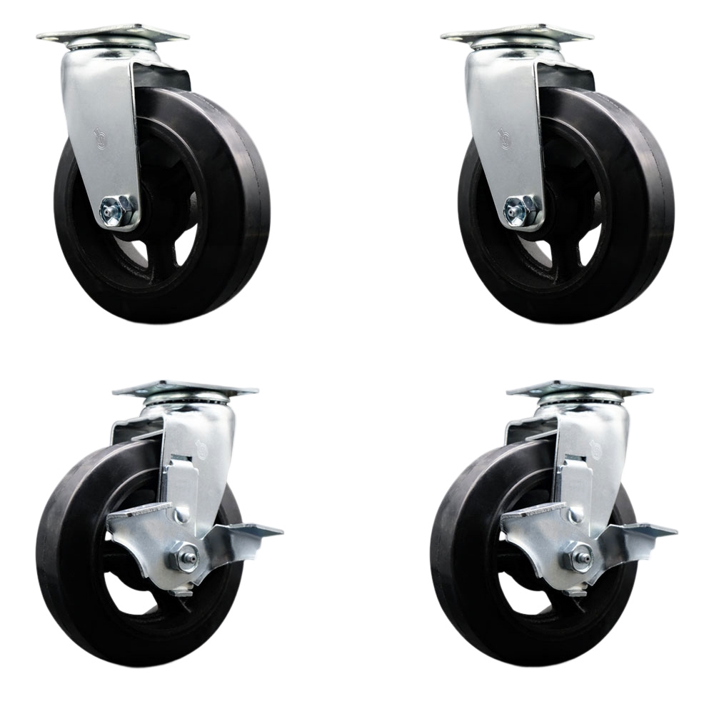 Swivel Top Plate Caster Set – Black 6 Inch by 2 Inch Rubber on Cast Iron Wheel – Roller Bearing – 1,800 lbs. Total Capacity–Includes 2 Locking Swivel Casters and 2 Swivel Casters– Service Caster Brand — photo 1