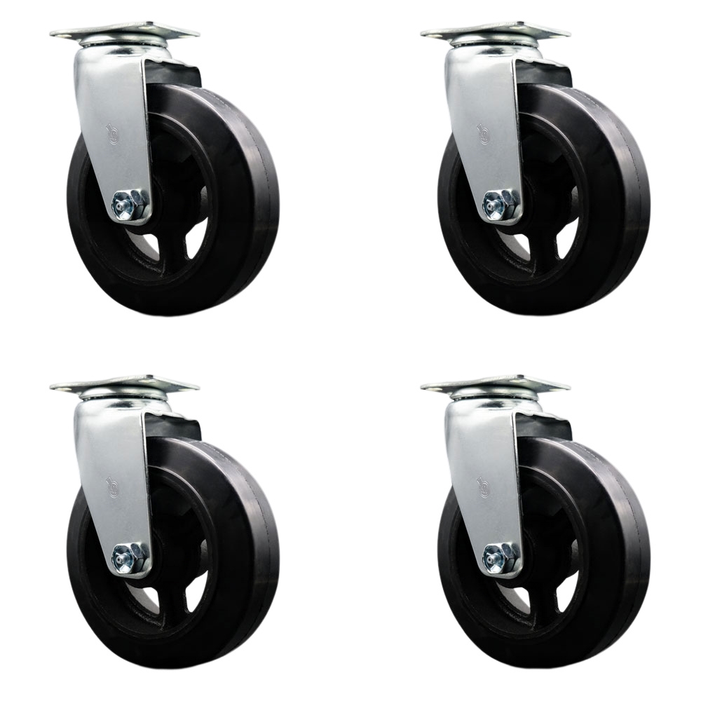 Swivel Top Plate Caster Set – Black 6 Inch by 2 Inch Rubber on Cast Iron Wheel – Roller Bearing – 1,800 lbs. Total Capacity – Includes 4 Swivel Casters – Service Caster Brand — photo 1
