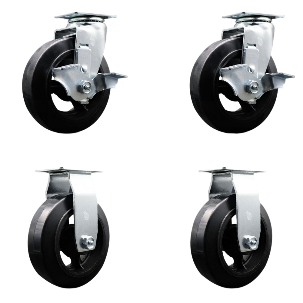 Swivel and Rigid Plate Caster Set – Black 6 Inch by 2 Inch Rubber on Cast Iron Wheel – Ball Bearing – 1,800 lbs. Total Capacity – Includes 2 Locking Swivel and 2 Rigid Casters – Service Caster Brand — photo 1