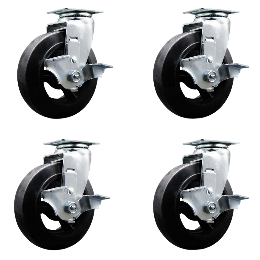 Swivel Top Plate Caster Set – Black 6 Inch by 2 Inch Rubber on Cast Iron Wheel – Roller Bearing – 1,800 lbs. Total Capacity–Includes 4 Swivel Casters with Top Locking Brakes–Service Caster Brand — photo 1