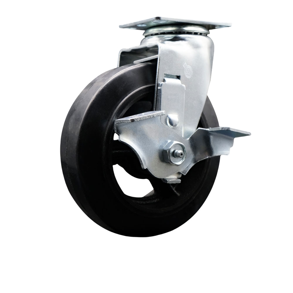 Swivel Top Plate Caster – Black 6 Inch by 2 Inch Rubber on Cast Iron Wheel – Roller Bearing – 450 lbs. Capacity Per Caster – Includes Top Locking Brake - Service Caster Brand — photo 1