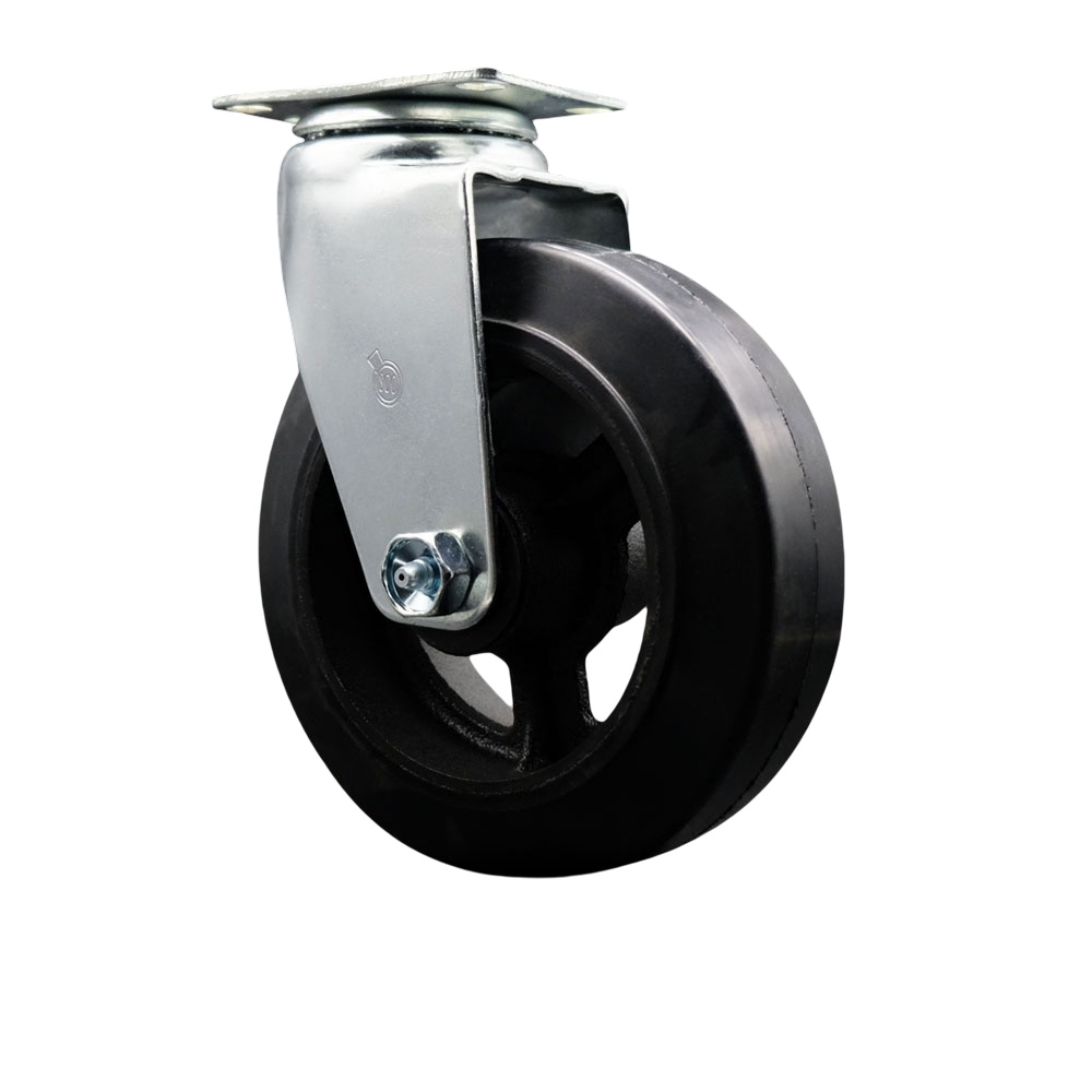 Swivel Top Plate Caster – Black 6 Inch by 2 Inch Rubber on Cast Iron Wheel – Roller Bearing – 450 lbs. Capacity Per Caster – Service Caster Brand — photo 1