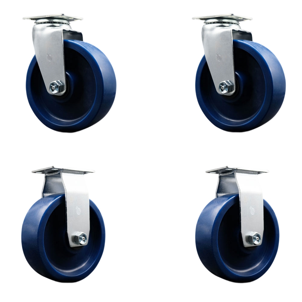 Swivel and Rigid Top Plate Caster Set – Blue 6 Inch by 2 Inch Solid Polyurethane Wheel – Ball Bearing – 1,800 lbs. Total Capacity–Includes 2 Swivel and 2 Rigid Casters – Service Caster Brand — photo 1