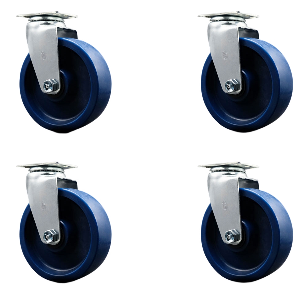 Swivel Top Plate Caster Set – Blue 6 Inch by 2 Inch Solid Polyurethane Wheel – Roller Bearing – 1,800 lbs. Total Capacity – Includes 4 Swivel Casters – Service Caster Brand — photo 1