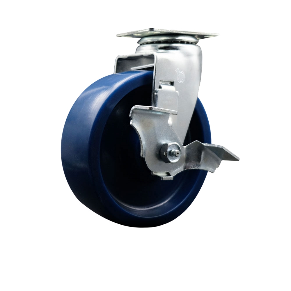 Swivel Top Plate Caster – Blue 6 Inch by 2 Inch Solid Polyurethane Wheel – Roller Bearing – 450 lbs. Capacity Per Caster – Includes Top Locking Brake - Service Caster Brand — photo 1