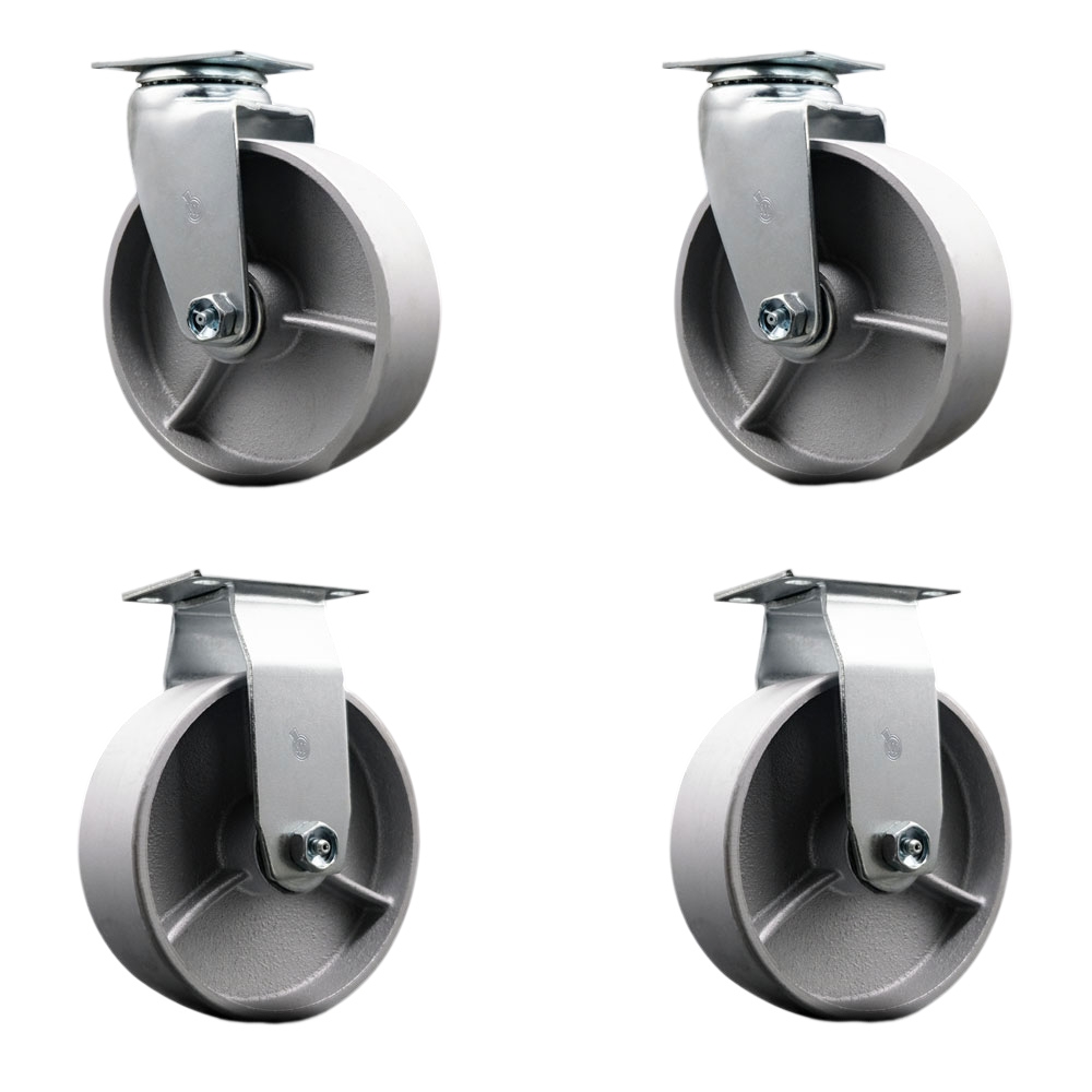 Swivel and Rigid Top Plate Caster Set – Silver 6 Inch by 2 Inch Semi Steel Cast Iron Wheel – Ball Bearing – 1,800 lbs. Total Capacity–Includes 2 Swivel and 2 Rigid Casters – Service Caster Brand — photo 1