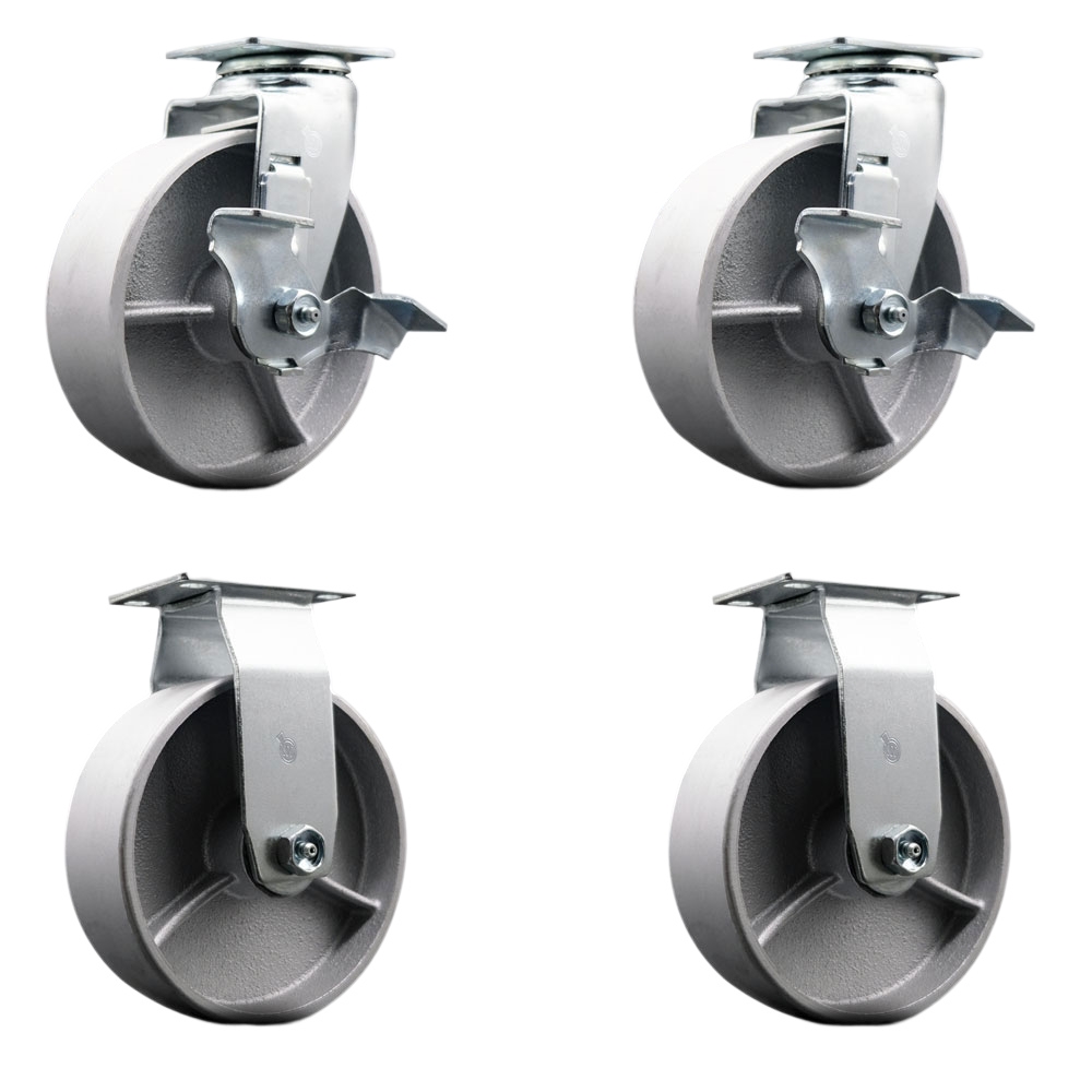 Tool Box Caster Wheel Set - 6 Inch Flat Free, Easy Rolling Semi Steel Cast Iron Wheels - Industrial Grade - 2 Swivel with Top Lock Brakes - Service Caster Brand — photo 1