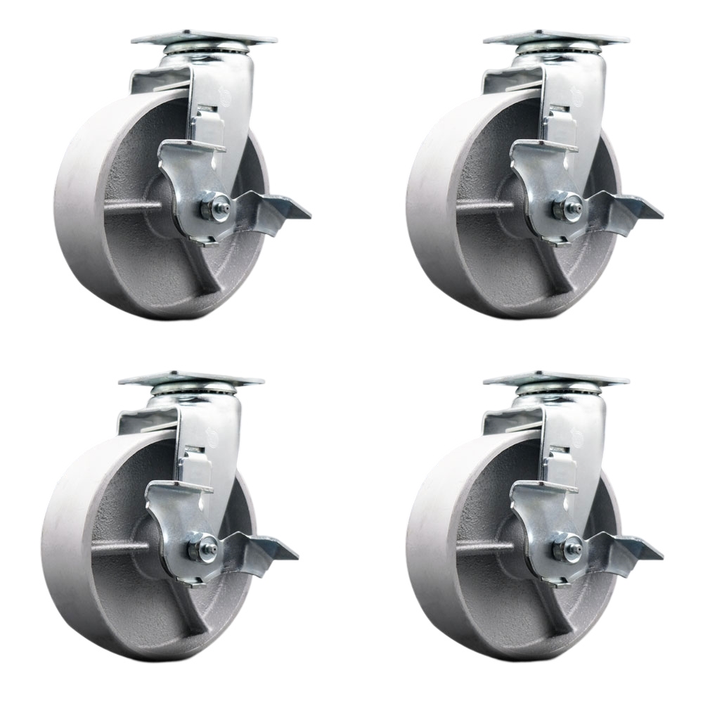 Tool Box Caster Wheel Set - 6 Inch Flat Free, Easy Rolling Semi Steel Cast Iron Wheels - Industrial Grade - 4 Swivel Casters with Top Lock Brakes - Service Caster Brand — photo 1