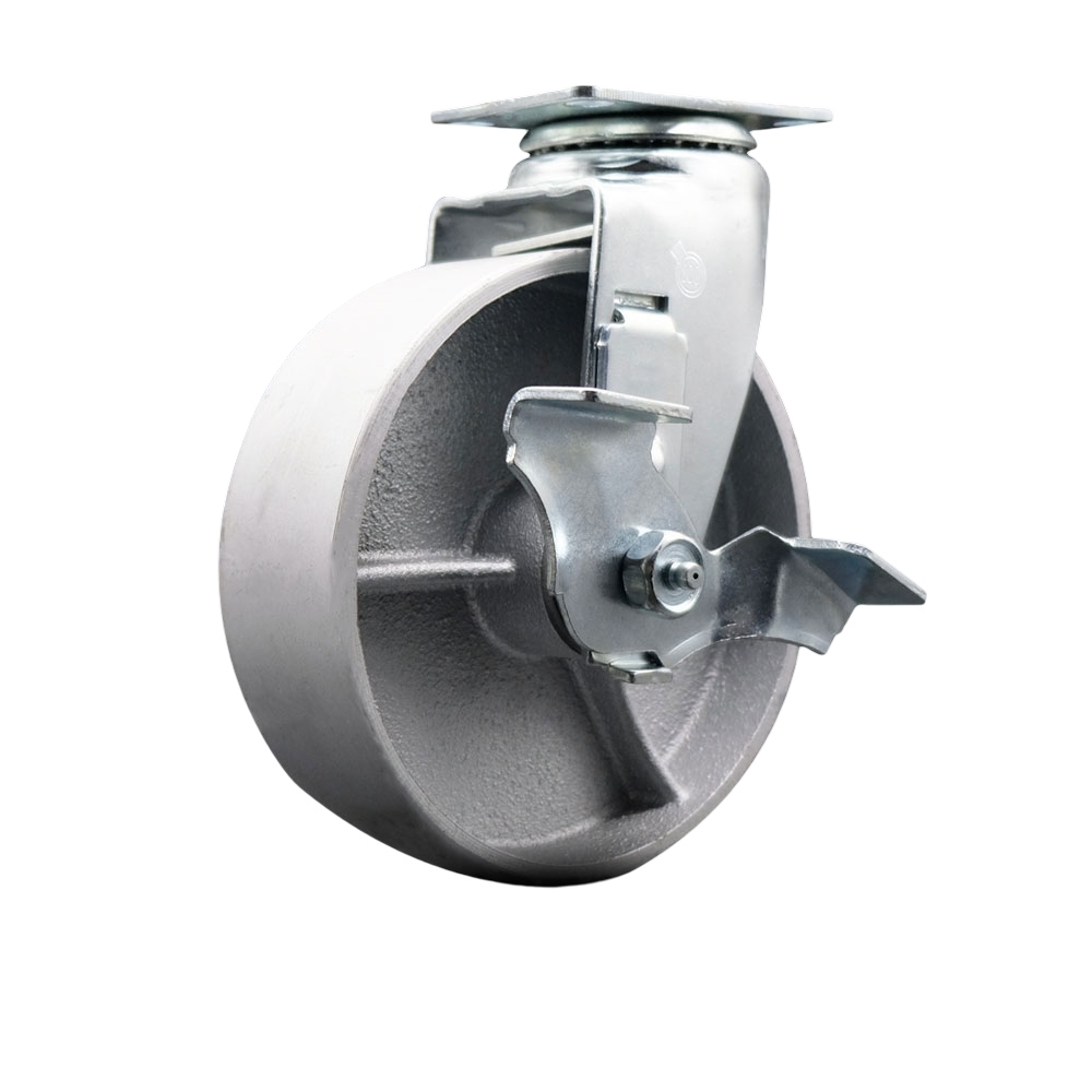 Swivel Top Plate Caster – Silver 6 Inch by 2 Inch Semi Steel Cast Iron Wheel – Roller Bearing – 450 lbs. Capacity Per Caster – Includes Top Locking Brake - Service Caster Brand — photo 1
