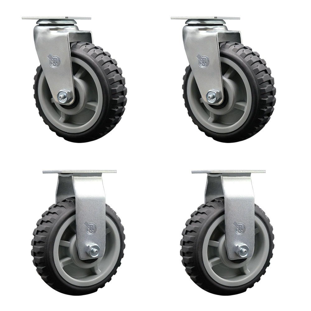 Swivel Top Plate Caster Set - 6 Inch by 2 Inch MudderTuffer Thermoplastic Rubber Wheel - Precision Ball Bearings - Includes 2 Swivel and 2 Rigid Casters- 1,800lbs. Total Capacity- Service Caster Brand — photo 1