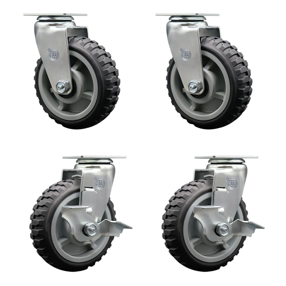 Swivel Top Plate Caster Set - 6 Inch by 2 Inch MudderTuffer Thermoplastic Rubber Wheel - Precision Ball Bearings - Includes 2 Locking Swivel Casters and 2 Swivel Casters - Service Caster Brand — photo 1