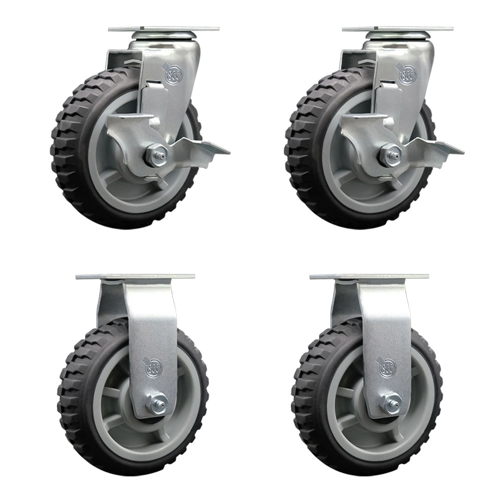 Swivel Top Plate Caster Set - 6 Inch by 2 Inch MudderTuffer Thermoplastic Rubber Wheel - Precision Ball Bearings - Includes 2 Locking Swivel and 2 Rigid Casters - Service Caster Brand — photo 1