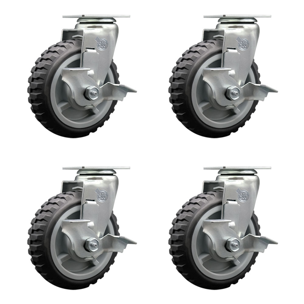 Swivel Top Plate Caster Set-6 Inch by 2 Inch MudderTuffer Thermoplastic Rubber Wheel-Precision Ball Bearing-Include 4 Swivel Caster with Top Locking Brake-1,800lbs. Total Capacity-Service Caster Brand — photo 1