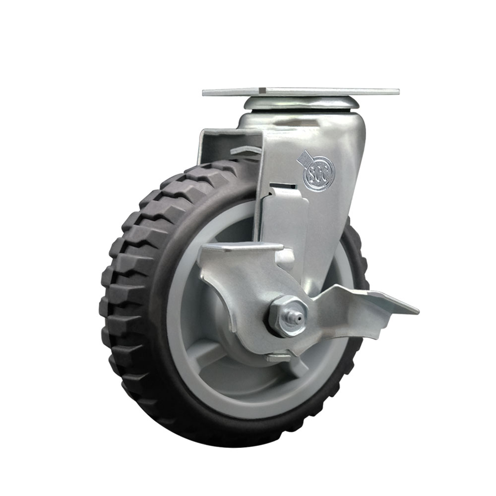 Swivel Top Plate Caster - 6 Inch by 2 Inch MudderTuffer Thermoplastic Rubber Wheel - Precision Ball Bearings - Includes Top Locking Brake - 450 lbs. Capacity Per Caster - Service Caster Brand — photo 1