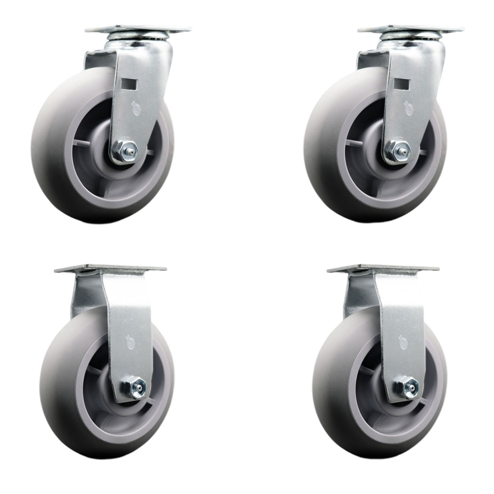 Swivel and Rigid Top Plate Caster Set – Gray 6 Inch by 2 Inch Thermoplastic Rubber Donut Tread Wheel–Ball Bearing–1,800 lbs. Total Capacity–Includes 2 Swivel and 2 Rigid Casters–Service Caster Brand — photo 1