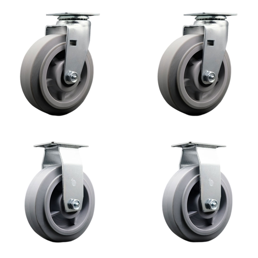 Swivel and Rigid Top Plate Caster Set – Gray 6 Inch by 2 Inch Thermoplastic Rubber Flat Tread Wheel–Ball Bearing–1,800 lbs. Total Capacity–Includes 2 Swivel and 2 Rigid Casters–Service Caster Brand — photo 1