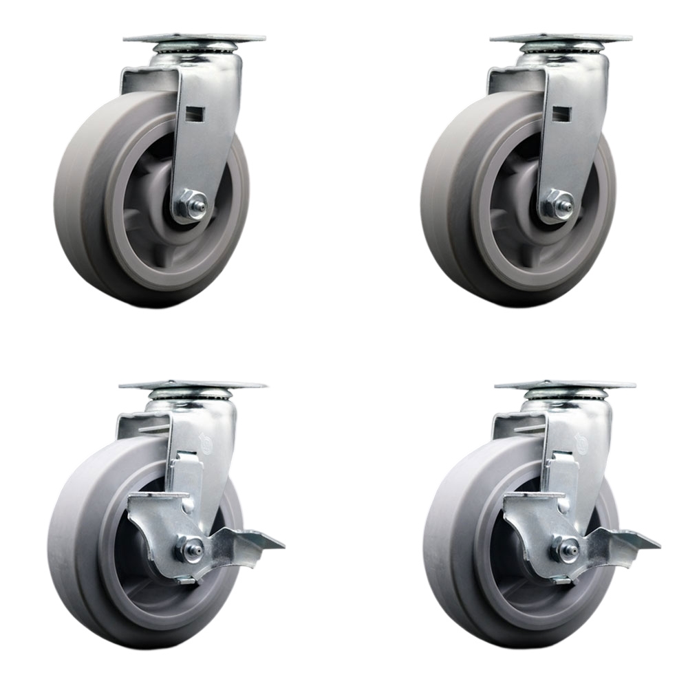 Swivel Plate Caster Set – Gray 6 Inch by 2 Inch Thermoplastic Rubber Flat Tread Wheel – Ball Bearing –1,800 lbs. Total Capacity–Includes 2 Locking Casters and 2 Swivel Casters– Service Caster Brand — photo 1