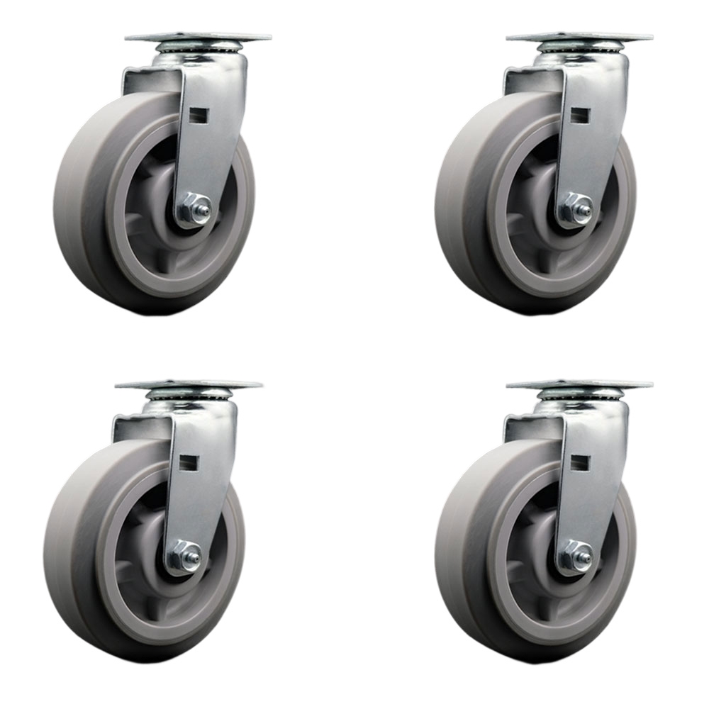 Swivel Top Plate Caster Set – Gray 6 Inch by 2 Inch Thermoplastic Rubber Flat Tread Wheel – Roller Bearing – 1,800 lbs. Total Capacity – Includes 4 Swivel Casters – Service Caster Brand — photo 1