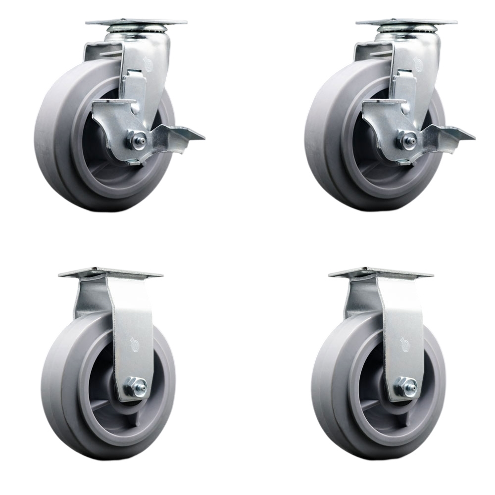 Swivel and Rigid Plate Caster Set – Gray 6 Inch by 2 Inch TPR Rubber Flat Tread Wheel – Roller Bearing – 1,800 lbs. Total Capacity – Includes 2 Locking Swivel and 2 Rigid Casters–Service Caster Brand — photo 1