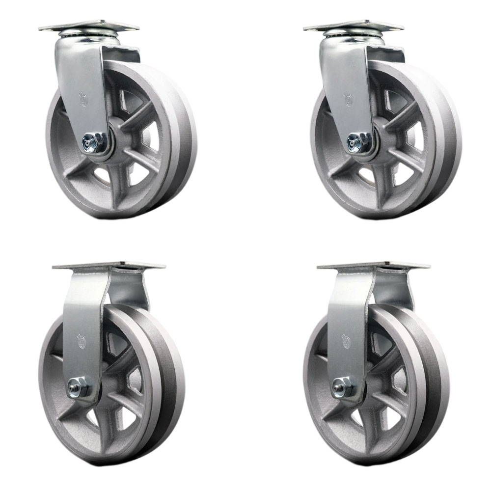 Swivel and Rigid Plate Caster Set – Silver 6 Inch by 2 Inch V-Groove Semi Steel Cast Iron Wheel – Bronze Bearing–1,800 lbs. Total Capacity –Includes 2 Swivel and 2 Rigid Casters – Service Caster Brand — photo 1