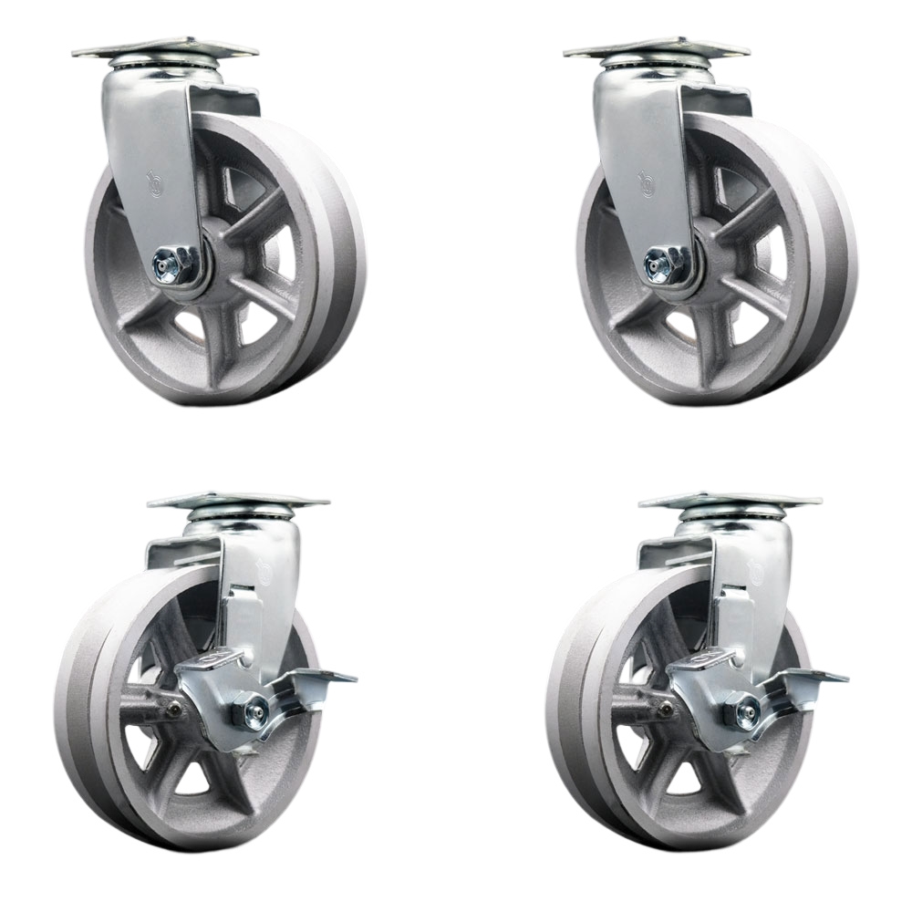 Swivel Top Plate Caster Set – Silver 6 Inch by 2 Inch V-Groove Semi Steel Cast Iron Wheel –Ball Bearing–1,800 lbs. Total Capacity–Includes 2 Locking Casters and 2 Swivel Casters–Service Caster Brand — photo 1