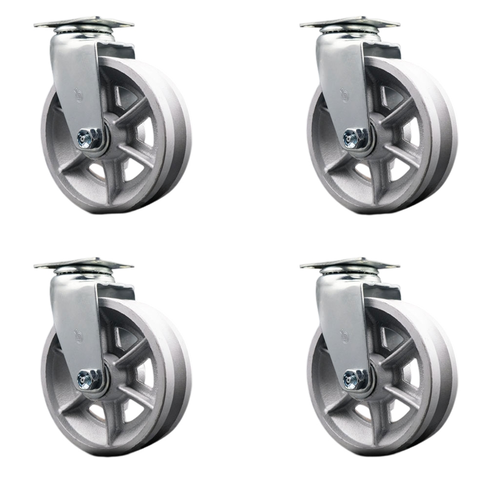Swivel Top Plate Caster Set – Silver 6 Inch by 2 Inch V-Groove Semi Steel Cast Iron Wheel – Roller Bearing – 1,800 lbs. Total Capacity – Includes 4 Swivel Casters – Service Caster Brand — photo 1