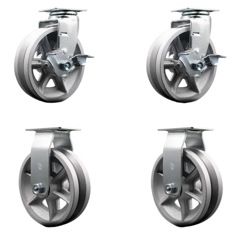 Swivel and Rigid Plate Caster Set–Silver 6 Inch by 2 Inch V-Groove Semi Steel Cast Iron Wheel–Bronze Bearing–1,800lbs. Total Capacity–Includes 2 Locking Swivel and 2 Rigid Casters–Service Caster Brand — photo 1
