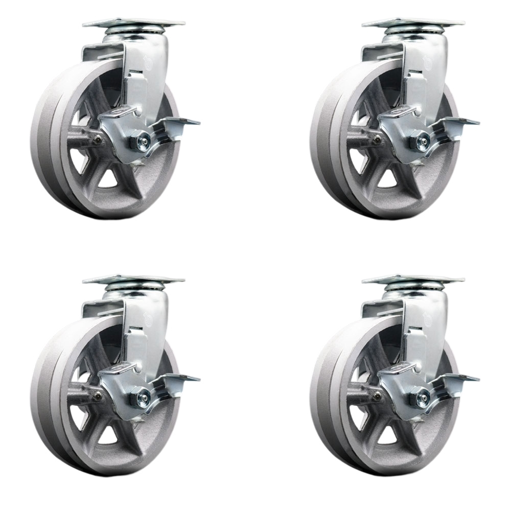 Swivel Top Plate Caster Set – Silver 6 Inch by 2 Inch V-Groove Semi Steel Cast Iron Wheel – Bronze Bearing –1,800 lbs. Total Capacity–Includes 4 Swivel Casters with Locking Brakes–Service Caster Brand — photo 1