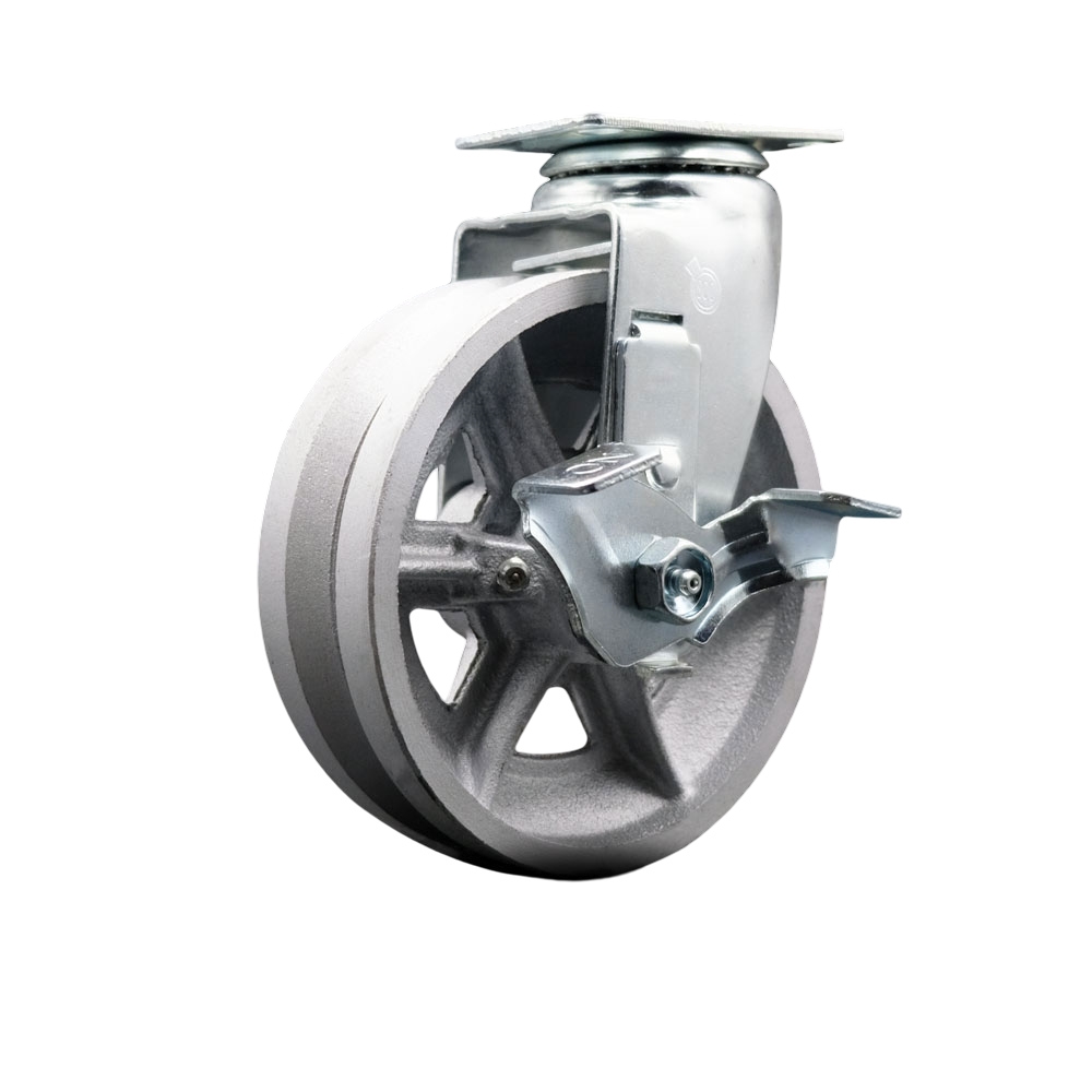 Swivel Top Plate Caster – Silver 6 Inch by 2 Inch V-Groove Semi Steel Cast Iron Wheel – Ball Bearing – 450 lbs. Capacity Per Caster – Includes Top Locking Brake - Service Caster Brand — photo 1