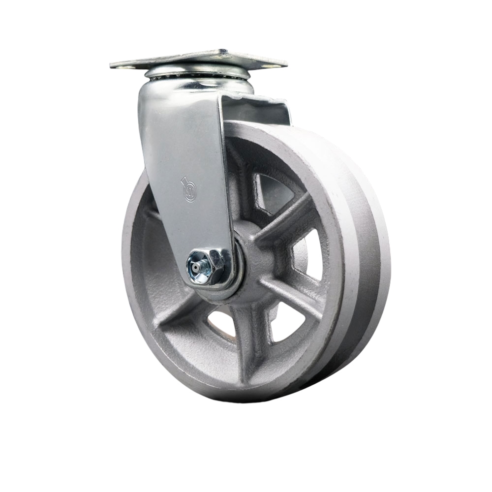 Swivel Top Plate Caster – Silver 6 Inch by 2 Inch V-Groove Semi Steel Cast Iron Wheel – Ball Bearing – 450 lbs. Capacity Per Caster – Service Caster Brand — photo 1