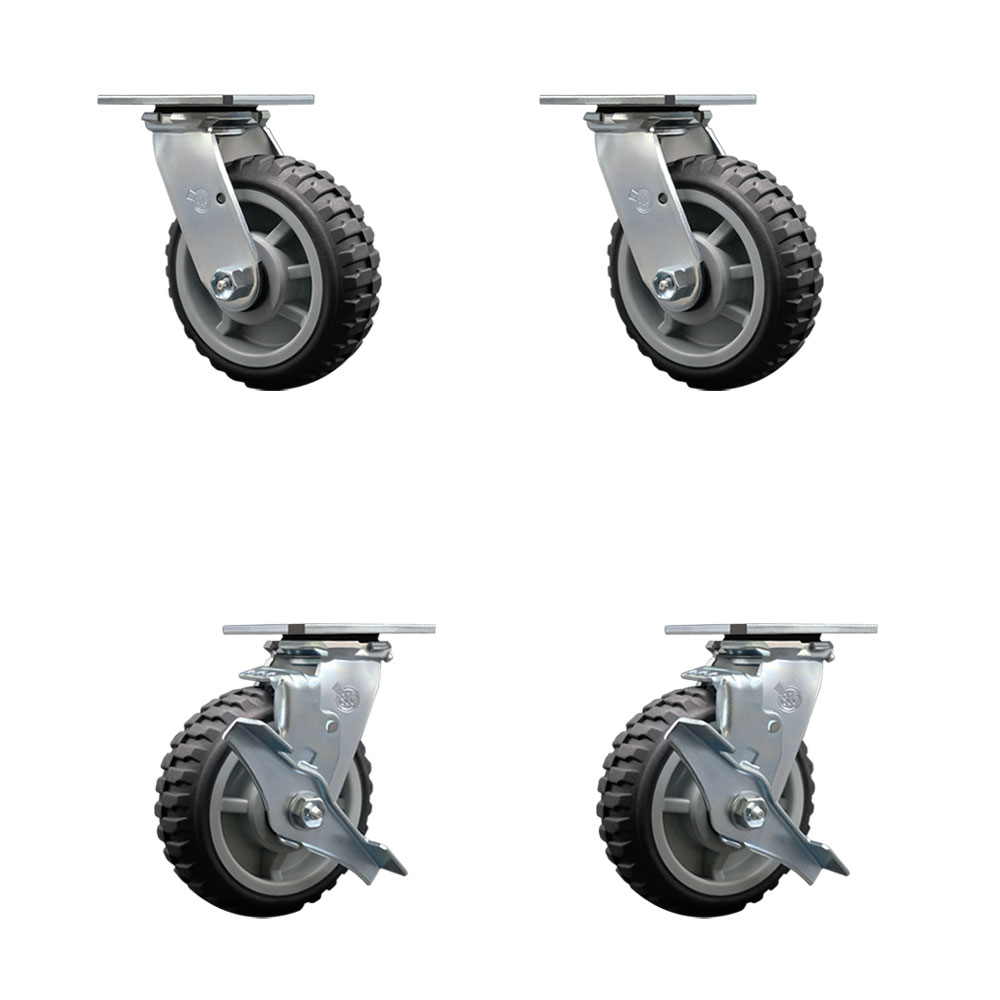 Heavy Duty Swivel Caster Set of 4 with 6 Inch MudderTuffer Thermoplastic Rubber Wheels and Ball Bearings - Includes 2 Swivel with Brakes and 2 Swivel - 2,400 lbs. Total Capacity - Service Caster Brand — photo 1