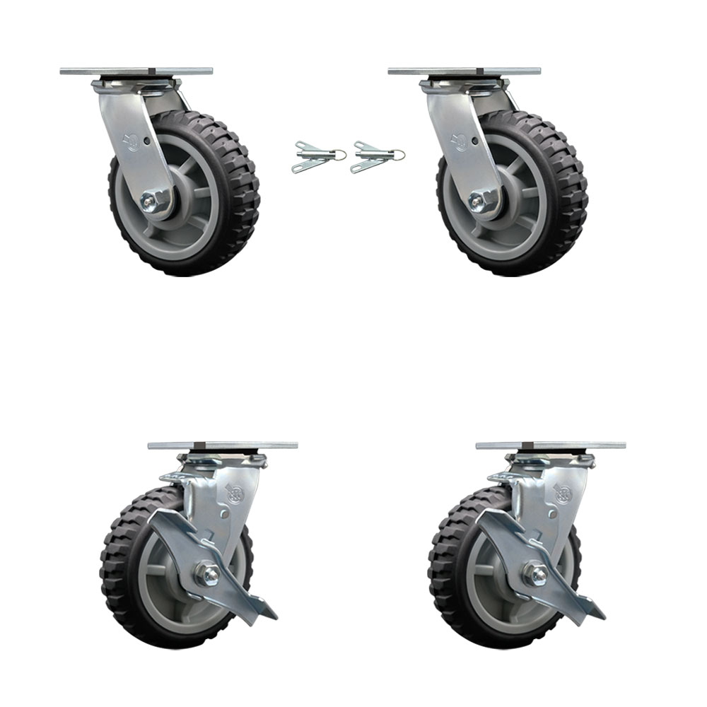 Heavy Duty Swivel Caster Set of 4 with 6 Inch MudderTuffer Thermoplastic Rubber Wheels and Ball Bearings - Includes 2 Swivel with Bolt on Swivel Locks and 2 Swivel with Brakes - Service Caster Brand — photo 1