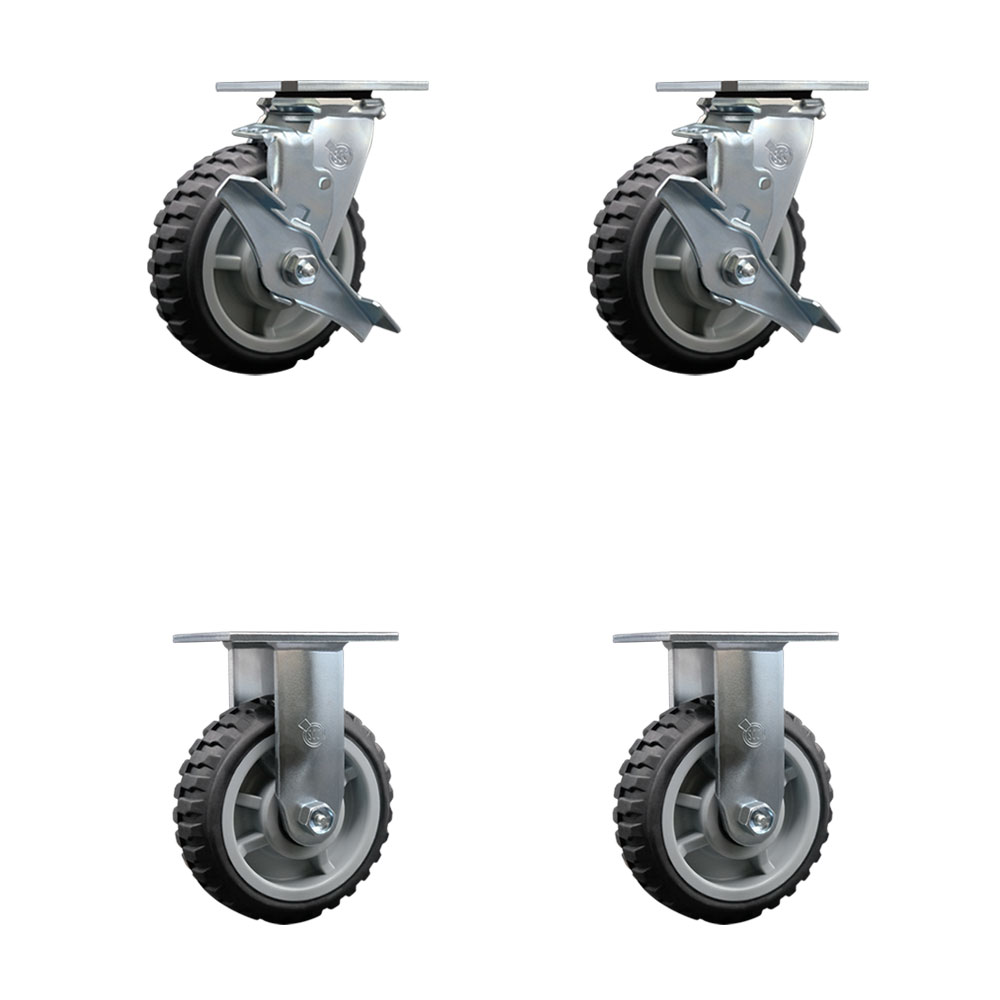 Heavy Duty Swivel Caster Set of 4 with 6 Inch MudderTuffer Thermoplastic Rubber Wheels and Ball Bearings - Includes 2 Swivel with Brakes and 2 Rigid - 2,400 lbs. Total Capacity - Service Caster Brand — photo 1