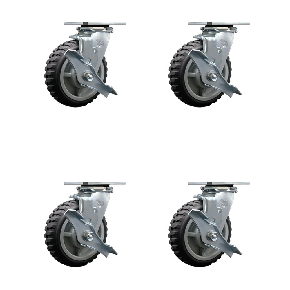Heavy Duty Swivel Caster Set of 4 with 6 Inch MudderTuffer Thermoplastic Rubber Wheels and Ball Bearings - Includes 4 Swivel with Top Lock Brakes - 2,400 lbs. Total Capacity - Service Caster Brand — photo 1