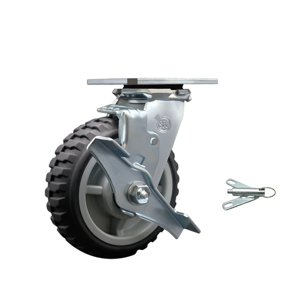 Heavy Duty Swivel Top Plate Caster with Top Lock Brake and Bolt on Swivel Lock and 6 Inch MudderTuffer Thermoplastic Rubber Wheel with Ball Bearings - 600 lbs. Capacity/Caster - Service Caster Brand — photo 1